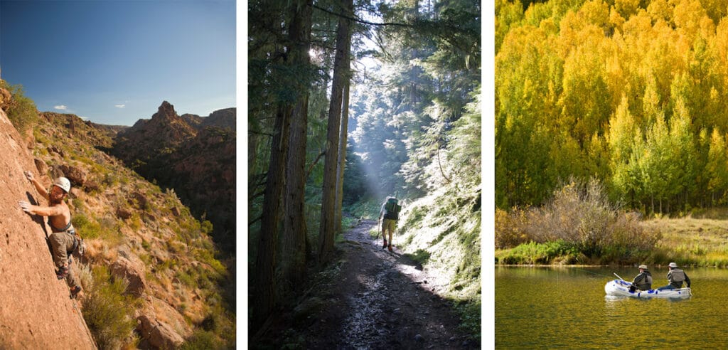 Trio of images showing OWAA members climbing, hiking, and boating